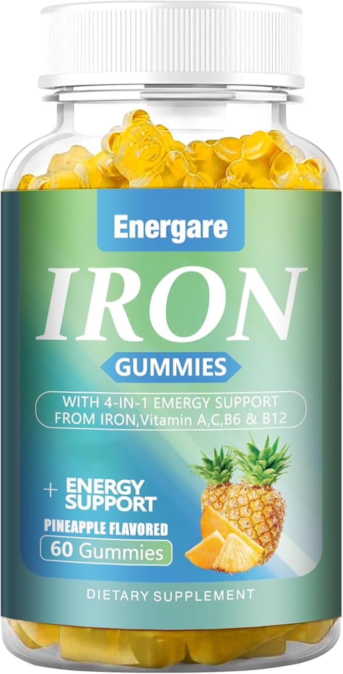 1 Pack Vegan 100Mg Iron Supplement Gummies for Women & Men - Vitamin A, C, B - Energy Support for Iron Deficiency, Anemia, Adults &Children, Pineapple Flavor Gummy, 60 Counts