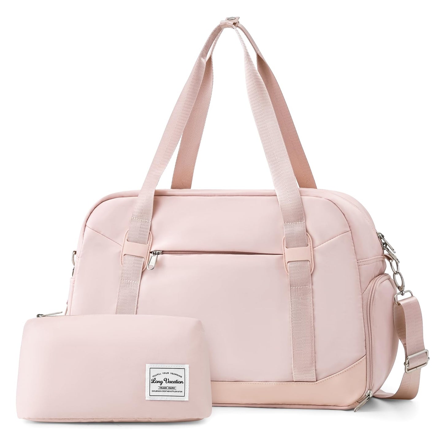 LONG VACATION Women's Travel Duffel Bag with Toiletry Bag, Sports Gym Bag Weekendeer Carry-on Tote with Shoe Compartment and Wet Pocket, Yoga Bag Fit 15.6inch Laptop (PINK, 18-inch)