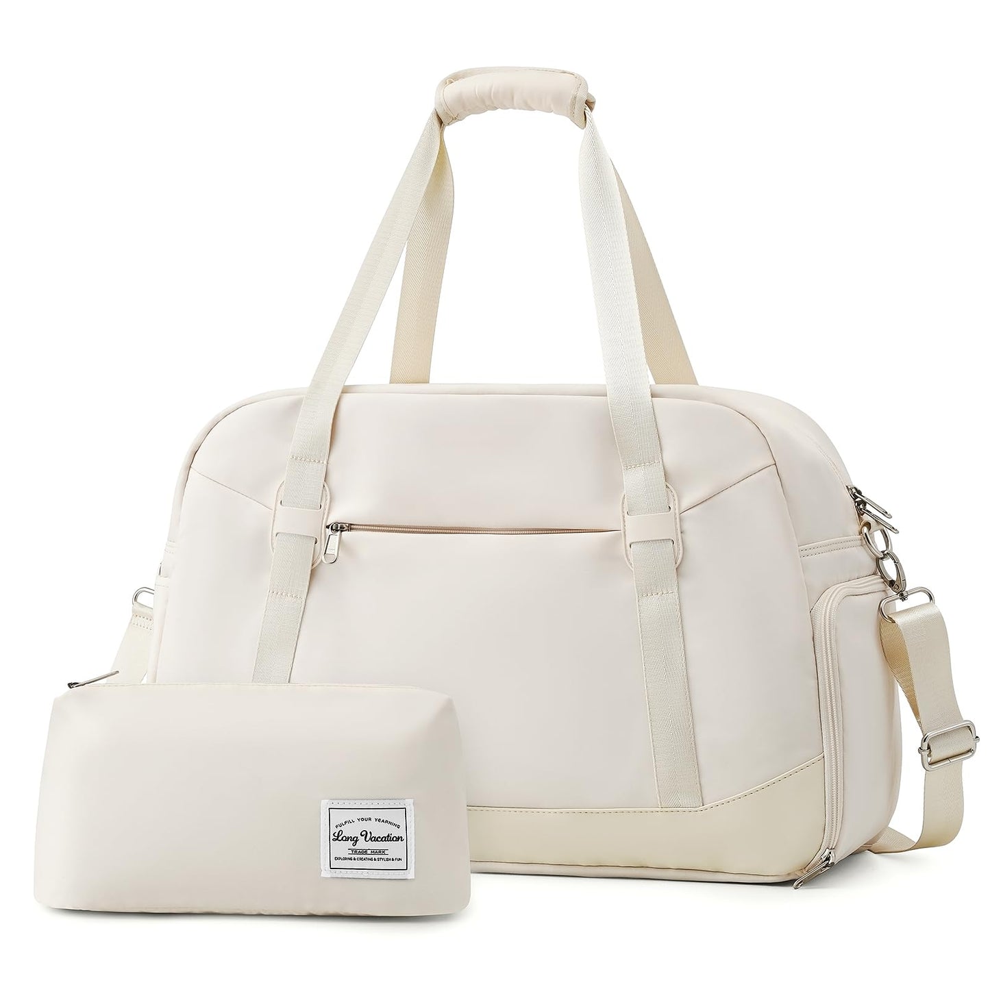 LONG VACATION Women's Travel Duffel Bag with Toiletry Bag, Sports Gym Bag Weekendeer Carry-on Tote with Shoe Compartment and Wet Pocket, Yoga Bag Fit 17.3inch Laptop (APRICOT WHITE, 21-inch)