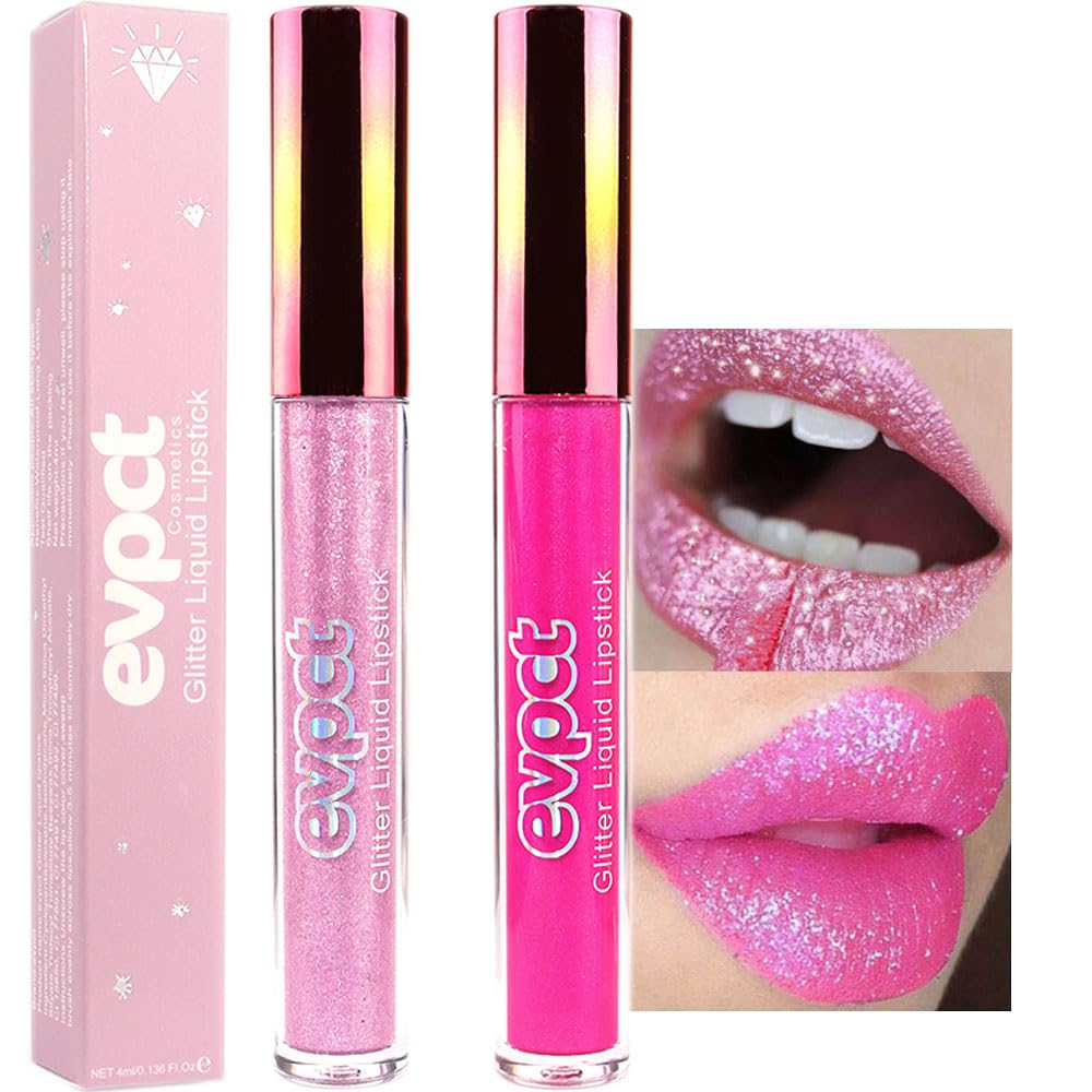 evpct 2Pcs Pink & Rose Pink Matte to Glitter Liquid Lipstick Long Lasting Lip Set Kit for Women Diamond Shiny Glitter Sparkly Glossy Metallic Shimmer Sparkle Waterproof Lipstick Lip Gloss 09+11