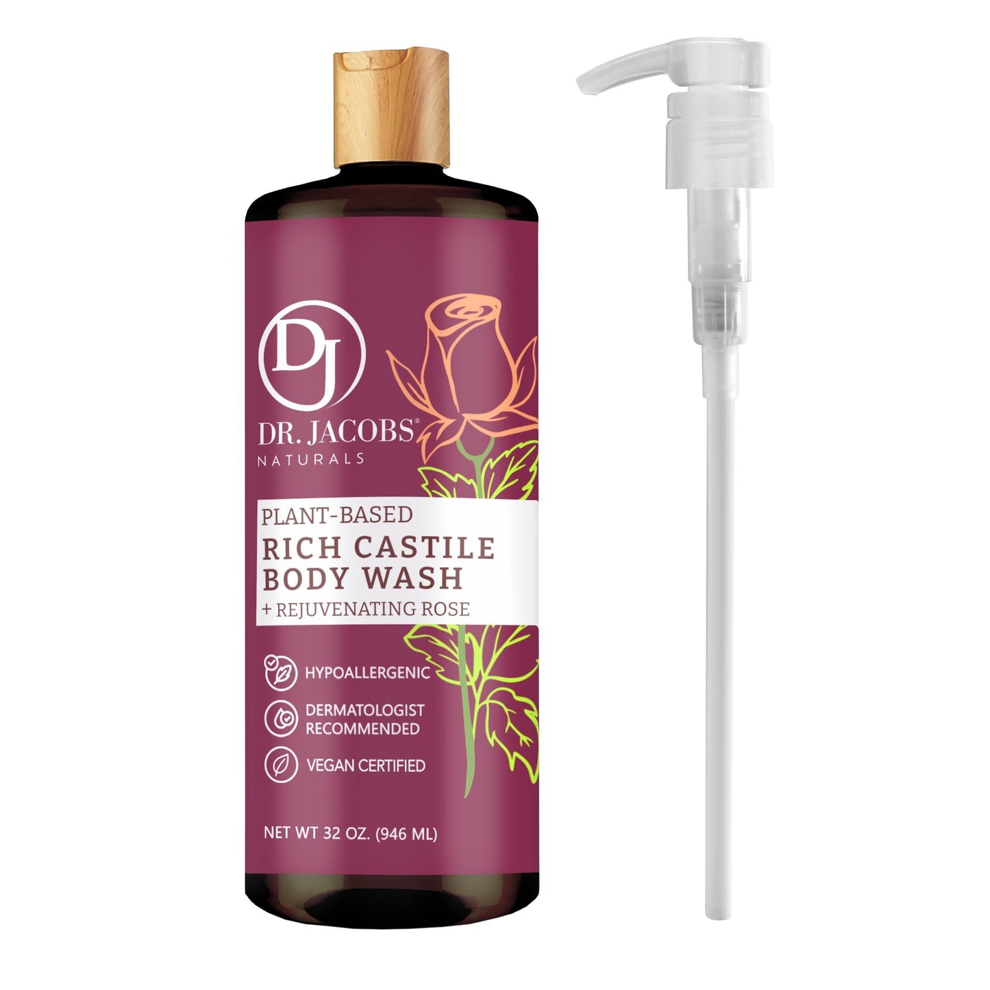 Dr. Jacobs Naturals Castile Rose All-Natural Body Wash For Moisturizing Dry And Sensitive Skin Shampoo With Plant-Based Ingredie