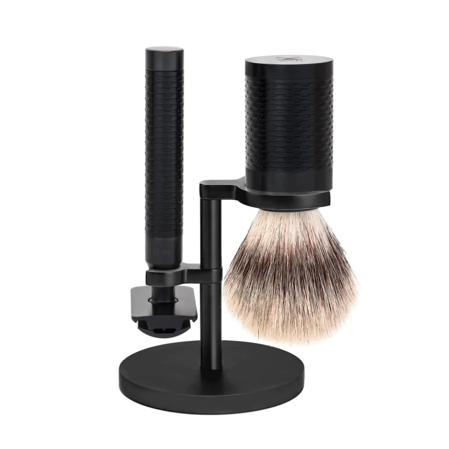 MHLE ROCCA Jet Black & Stainless Steel 3-Piece Shaving Set - Silvertip Fiber Brush, Safety Razor & Stand - Safety Razor Kit & Sh