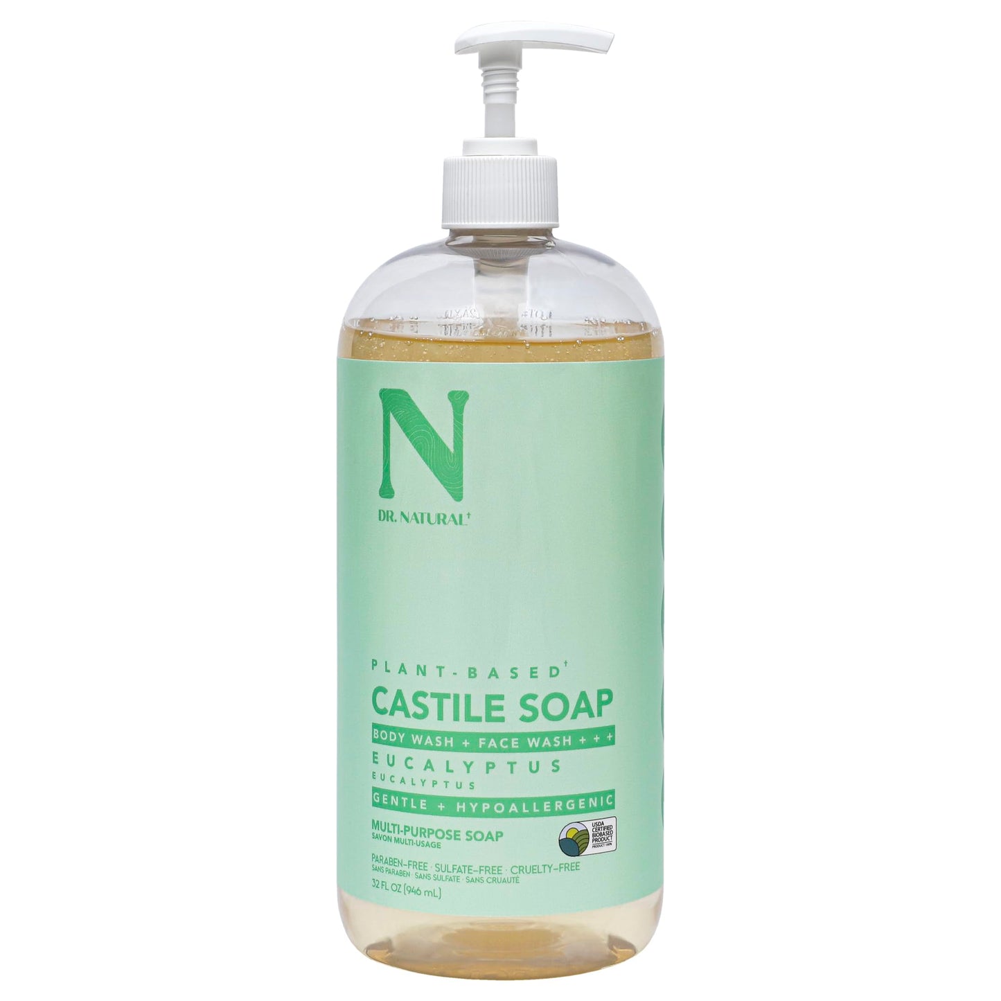 Dr. Natural Castile Liquid Soap, Eucalyptus, 32 Oz - Plant-Based - Made With Organic Shea Butter - Rich In Coconut And Olive Oil