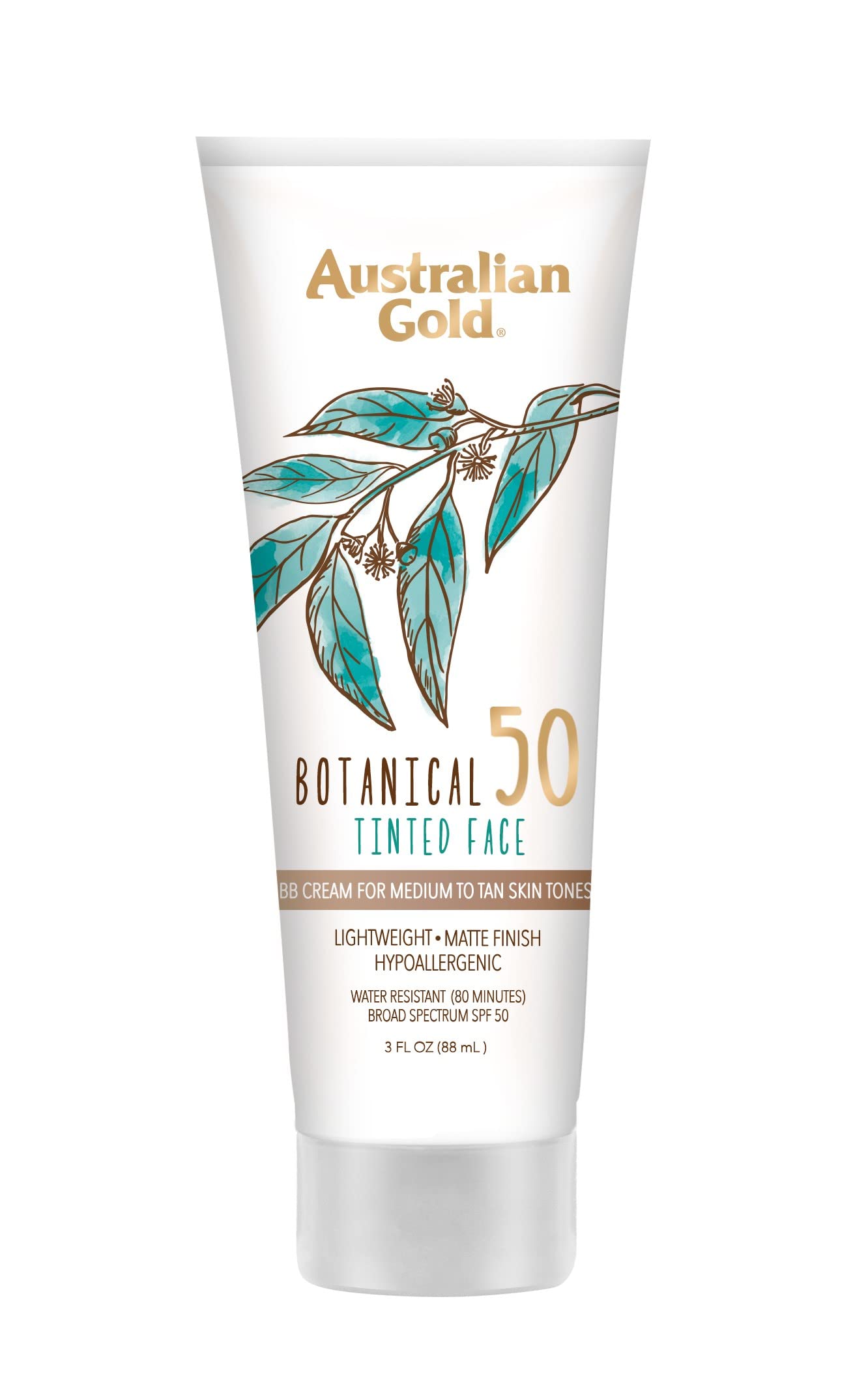 Australian Gold Botanical Spf 50 Tinted Mineral Sunscreen For Face, Non-Chemical Bb Cream, Water-Resistant, Matte Finish, For Se