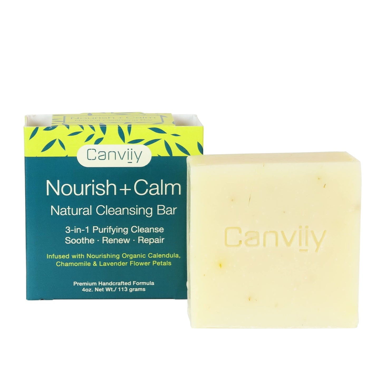 Canviiy 3-In-1 Purifying Nourish + Calm Natural Cleansing Bar, Infused With Calendula, Chamomile, Peppermint Oil, Witch Hazel An