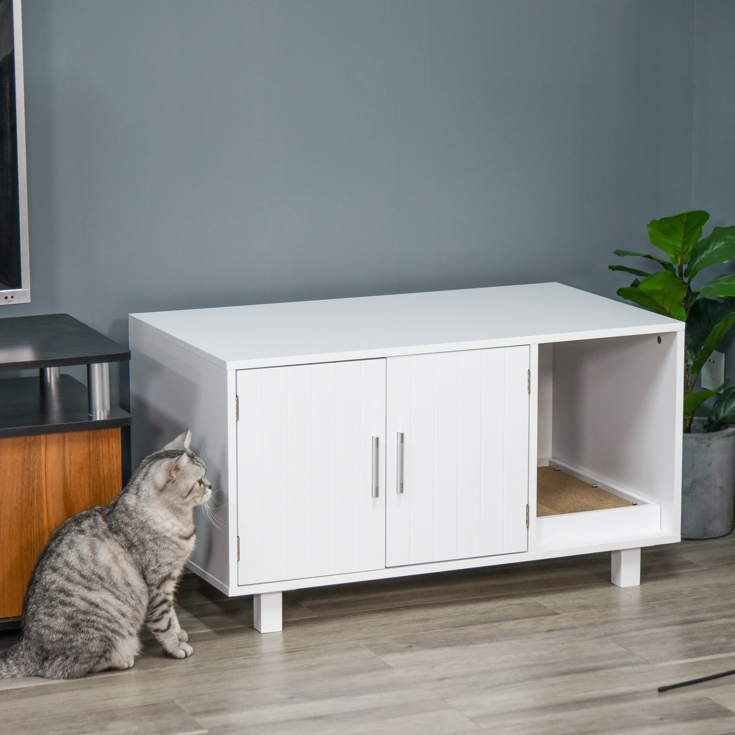 Noaman Wooden Cat Litter Box Enclosure & House with End Table Design, Magnetic Doors & Cat Scratcher, Multi-Functional Hidden Washroom for Kitty, White, 35.75"L x 20.5"W x 20"H