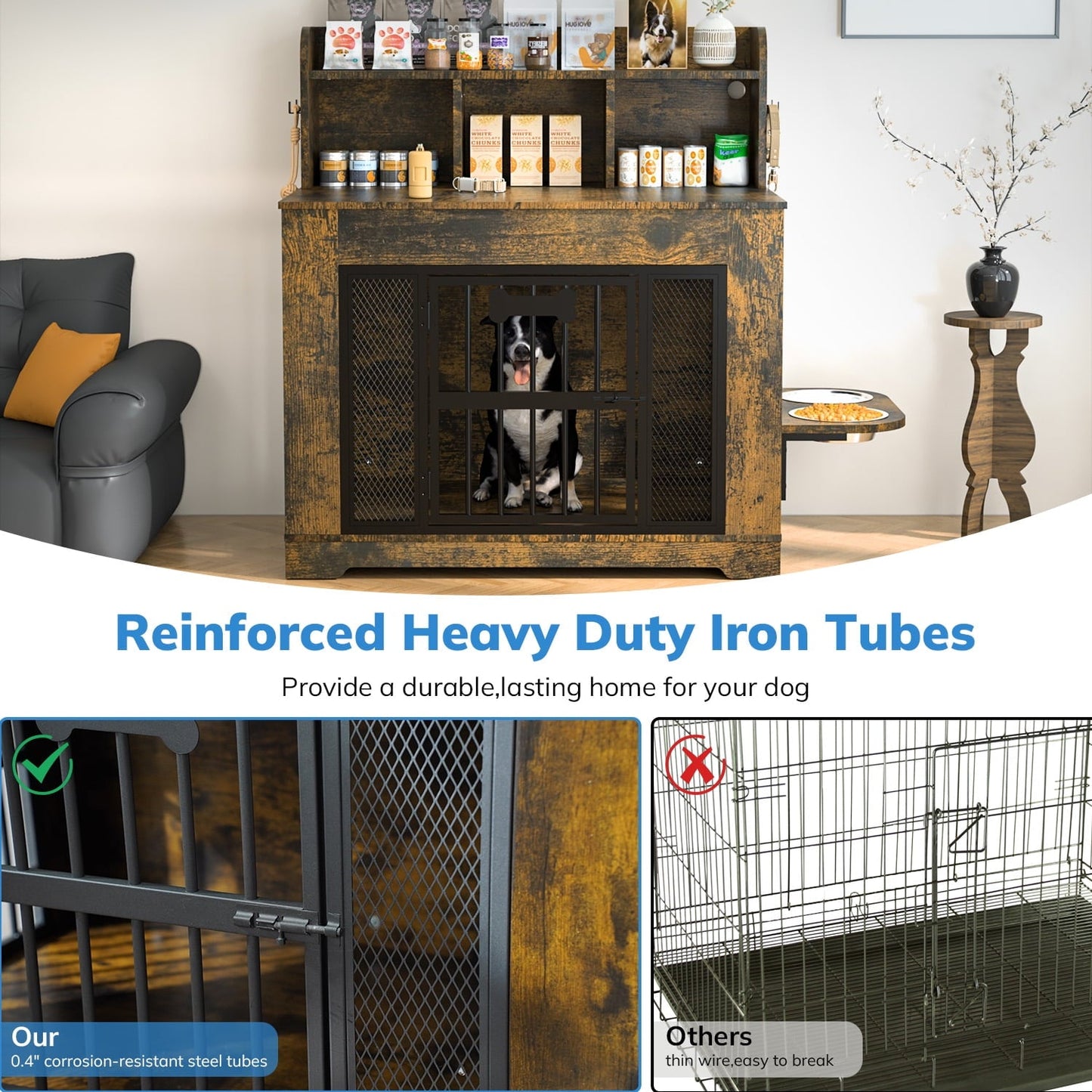 Behost 34" Industrial Dog Crate Furniture with Feeding Bowls LED Light Bone Nameplate Double Layer Storage for Large Dogs Rustic Brown