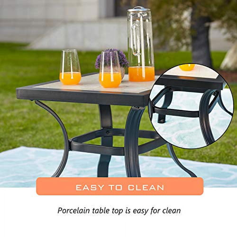 LOKATSE Home 21" Outdoor Square Patio Bistro End Table Metal Steel Legs with Ceramics Top, Black