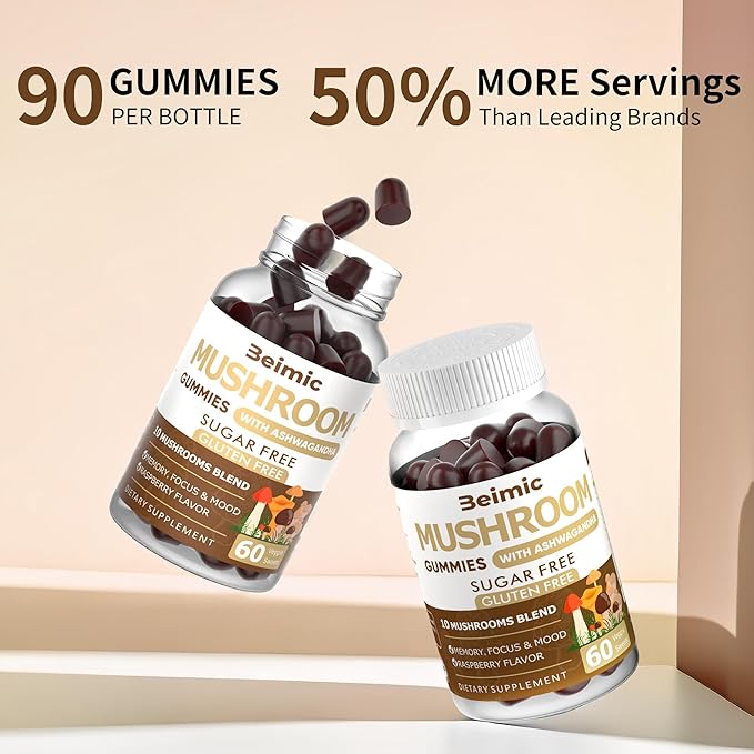 Mushroom Gummies - 10x Mushroom Supplement with Ashwagandha and Lions Mane (120 Chews) Nootropic Brain Supplement, Immune Support & Stress Relief (Pack of 2)