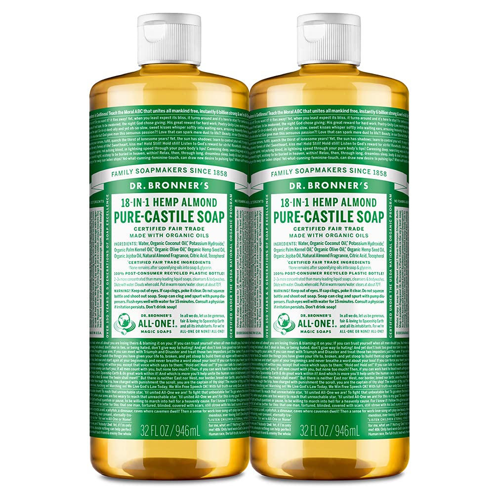 Dr. Bronner'S - Pure-Castile Liquid Soap (Almond, 32 Ounce, 2-Pack) - Made With Organic Oils, 18-In-1 Uses: Face, Body, Hair, La