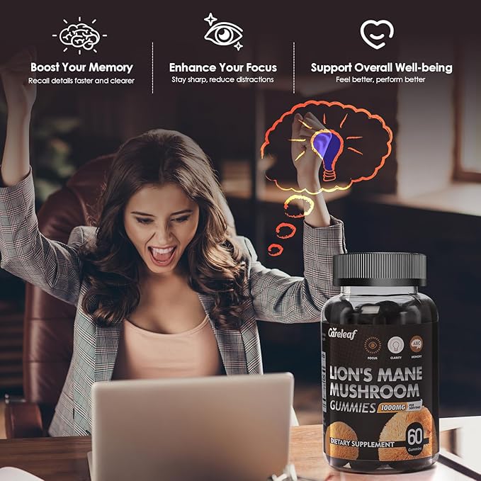 Lions Mane Mushroom Gummies for Nootropic Brain Supplement, Immune Support,Stress Relief Mushroom Supplement Berrry Flavor 60 Count