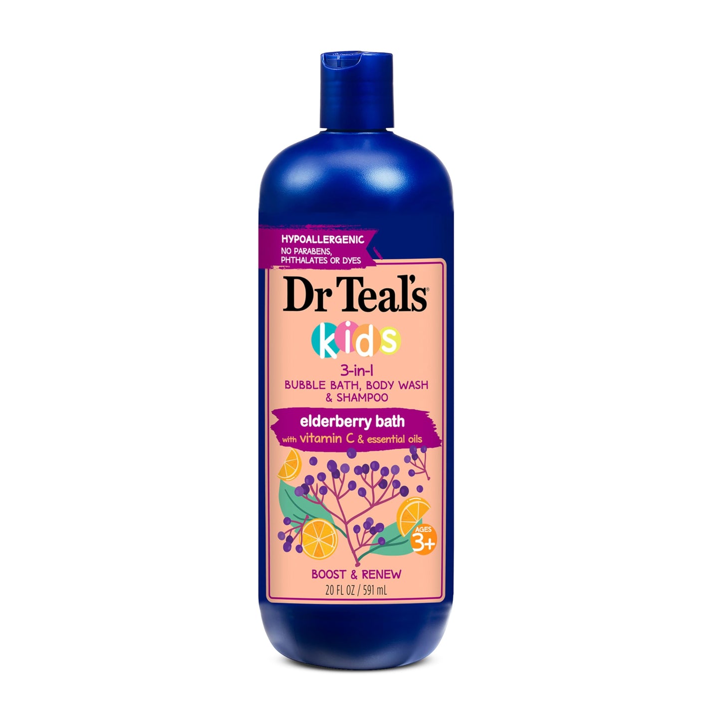 Dr Teal'S Kids 3-In-1 Elderberry Bath: Bubble Bath, Body Wash & Shampoo, 20 Fl Oz.