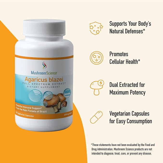 MushroomScience Agaricus Blazei Mushroom Capsules, Full Spectrum Extract, Natural Mushroom Supplement for Adults, Health Defense Support, Hot Water Extracted Mushrooms, Vegetarian, 400MG, 90 CT