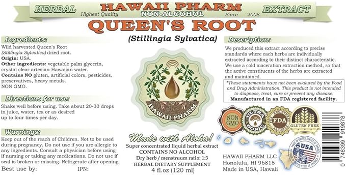 Queen's Root Alcohol-Free Liquid Extract, Queen's Root (Stillingia Sylvatica) Dried Root Glycerite Natural Herbal Supplement, Hawaii Pharm, USA 15x4 fl.oz