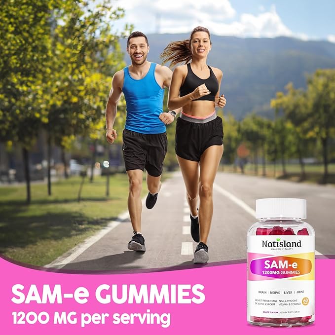 SAM-e with L-Tyrosine Gummies, Methylated Vitamin B-Complex & NAC, 1200mg SAM e Supplement, Methyl Folate and B12, for Stress Relief & Brain Support, Liver & Joint Health, Gluten-Free, Vegan, 60 Ct