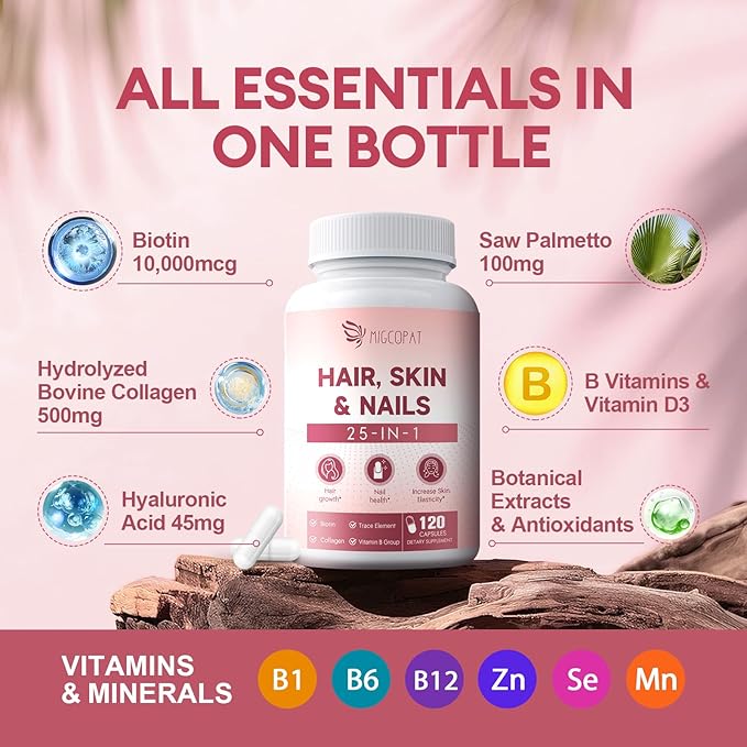 25-in-1 Formula Hair, Skin & Nails Supplement with Biotin 10,000mcg, Collagen, Vitamin B, C, D3, E, Folate, Iron for Women