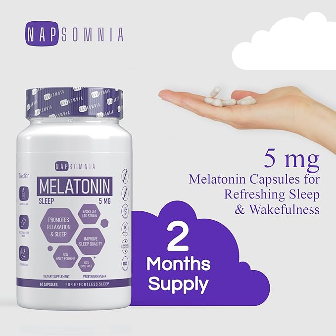 Melatonin for Sleeping for Men & Women - Sleep Melatonin w/Valerian Root Extract - Vegan Melatonin Capsules - Sleep Aid for Adults - Deep Sleep Supplements to Ease Jet Lag Strain (5 Mg)