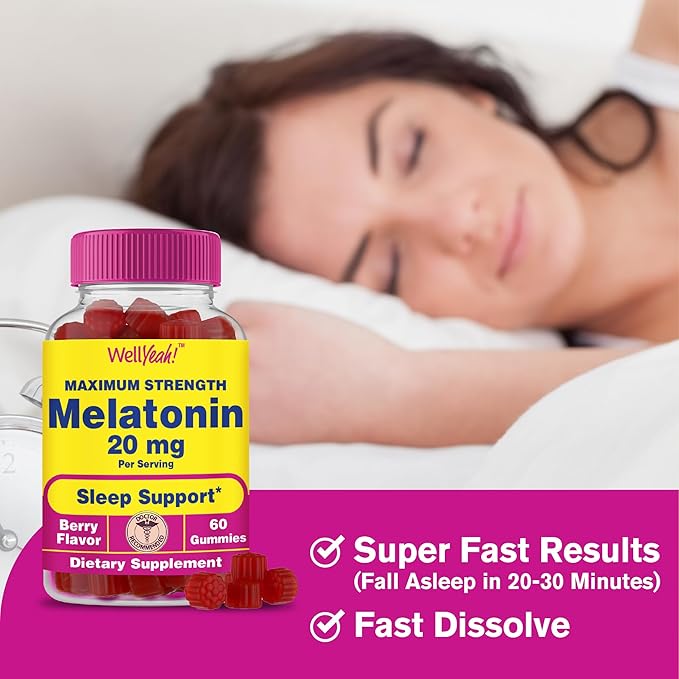 Melatonin Gummies 20mg (2 Pack) | Sleep Support | Maximum Strength Melatonin 20mg Gummies for Adults | Fast Dissolved | Great Berry Flavor | 60 Count | Vegan, Non GMO