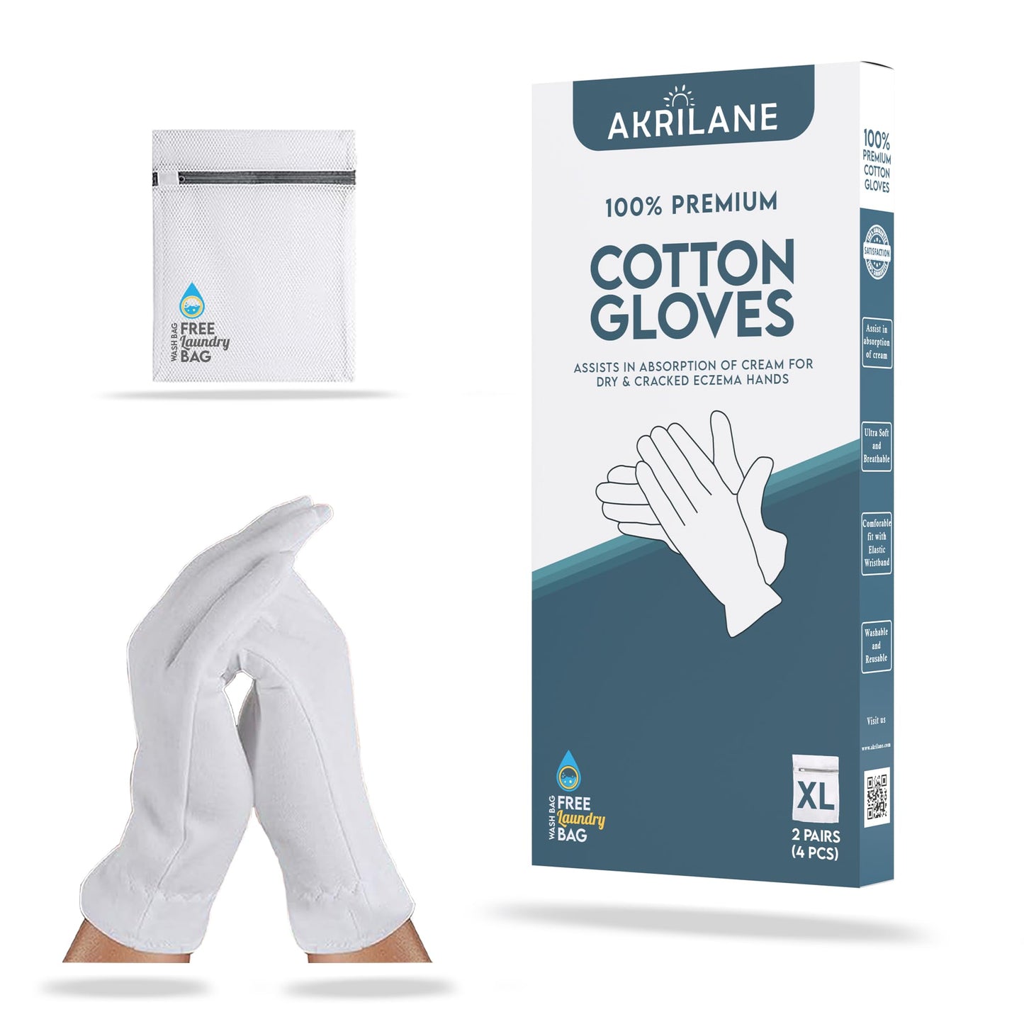 XL Extra Large 2 Pairs 100% Premium Cotton Gloves for Dry Hands | Moisturizing Overnight Gloves for Eczema, Psoriasis & Skin Spa Treatment for Women & Men | Washable & Reusable with Free Laundry Bag
