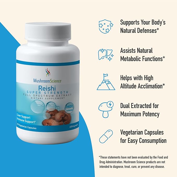 Reishi Mushroom Capsules, Super Strength Full Spectrum Extract, Natural Mushroom Supplement for Adults, Hot Water Extracted Mushrooms, Health Support, Vegetarian, 400MG, 90 CT