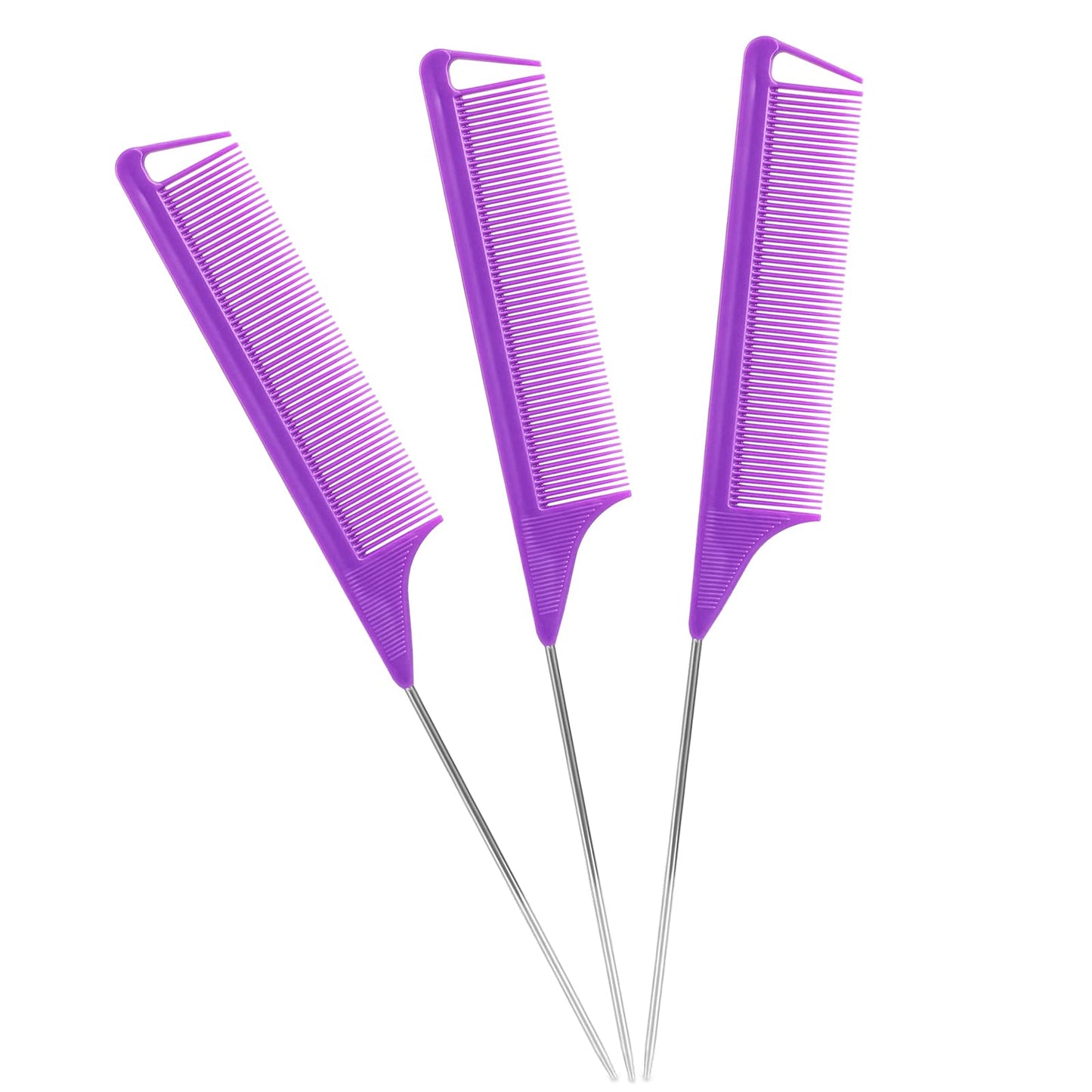 Rat Tail Steel Pin Teasing Combs Set: 3 Pack Hair Styling Combs for Parting and Teasing All Hair Types (Purple)