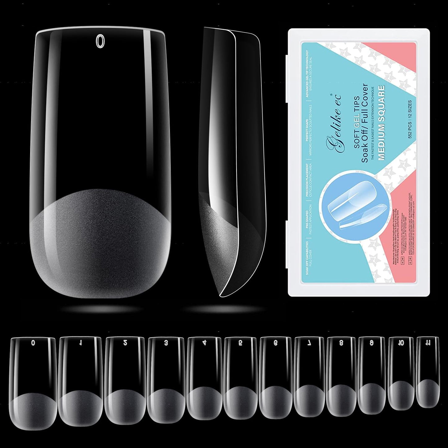 Gelike Ec Soft Gel Full Cover Nail Tips Kit For Soak Off Nail Extensions, 552 Pcs Clear Medium Square Gelly Tips Pre-Buff Pmma F