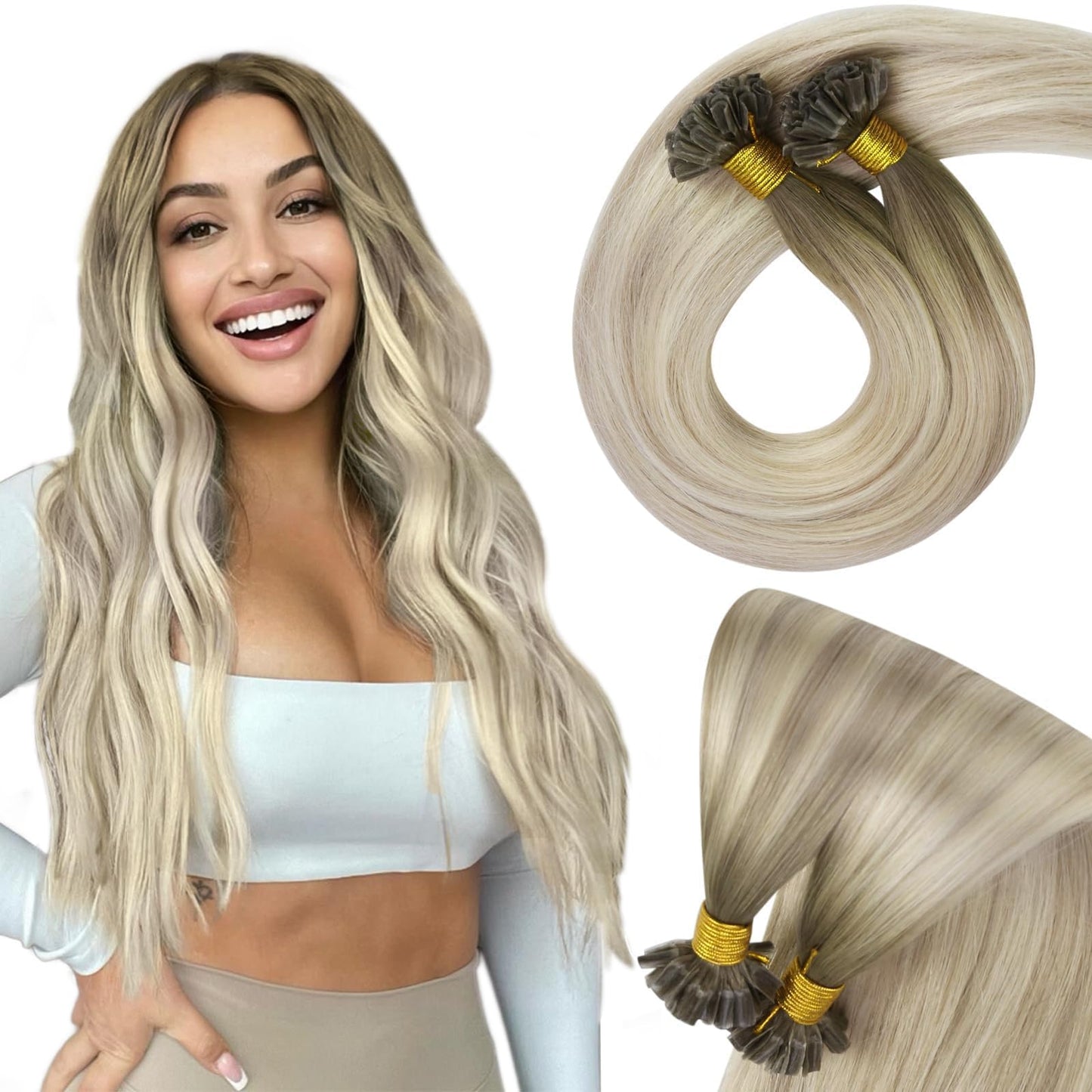 Sunny U Tip Hair Extensions Human Hair Blonde Balayage Keratin Hair Extensions 24Inch U Tip Hair Extensions Cool Ash Grey Ombre