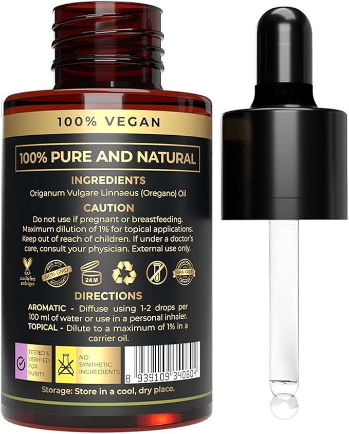 USDA Certified Organic Oregano Essential Oil - Oil of Oregano Drops for Skin & Hair Care | Reduce Itchiness & Redness | Gluten-Free, Pure Oregano Oil - Natural Aromatherapy Oil for Diffusers