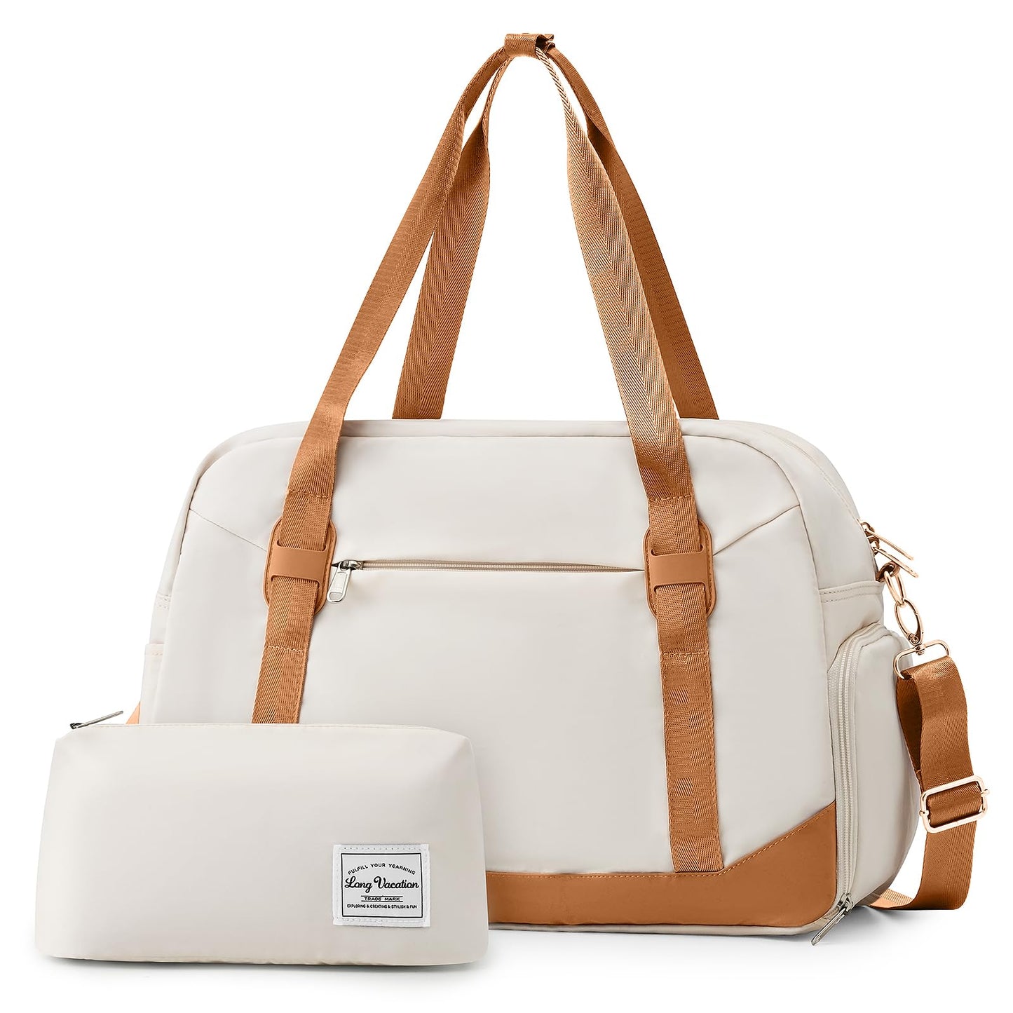 LONG VACATION Women's Travel Duffel Bag with Toiletry Bag, Sports Gym Bag Weekendeer Carry-on Tote with Shoe Compartment and Wet Pocket, Yoga Bag Fit 15.6inch Laptop (BEIGE & BROWN, 18-inch)