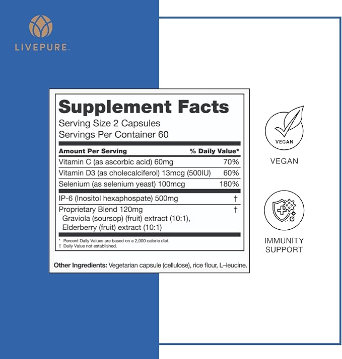 PURE Immune6 120 Capsules - Immune Support Supplement with Antioxidant Inositol Hexaphosphate IP6, Selenium Supplement + Iron with Vitamin C and D3. Boost Immunity with Our Multi Vitamin.