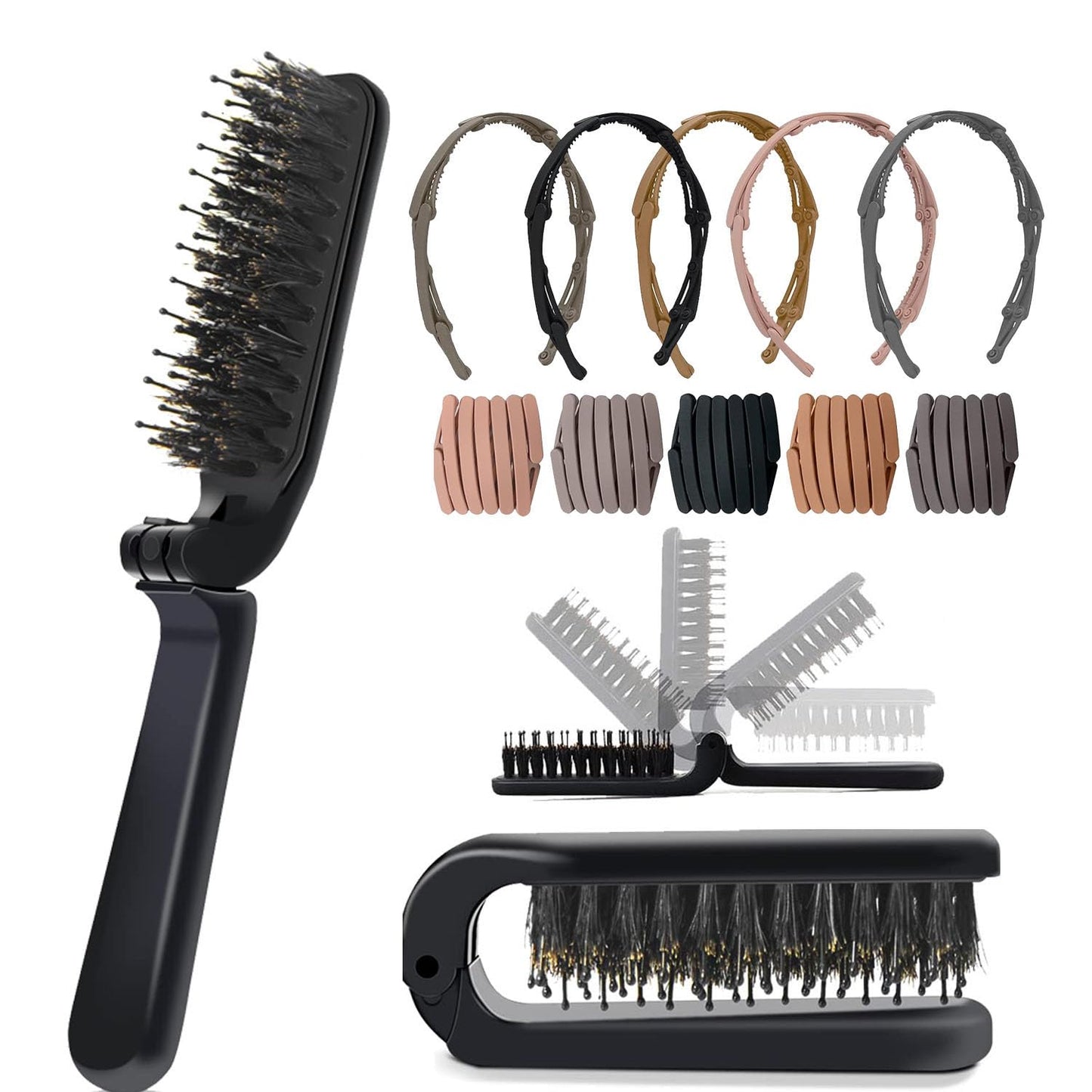 Aozzy 6Pcs Travel Brush Boar Bristle Brush Folding Hair Brush with Retractable Pocket Hair Band for Thin/Thick Hair, Mini Hair B