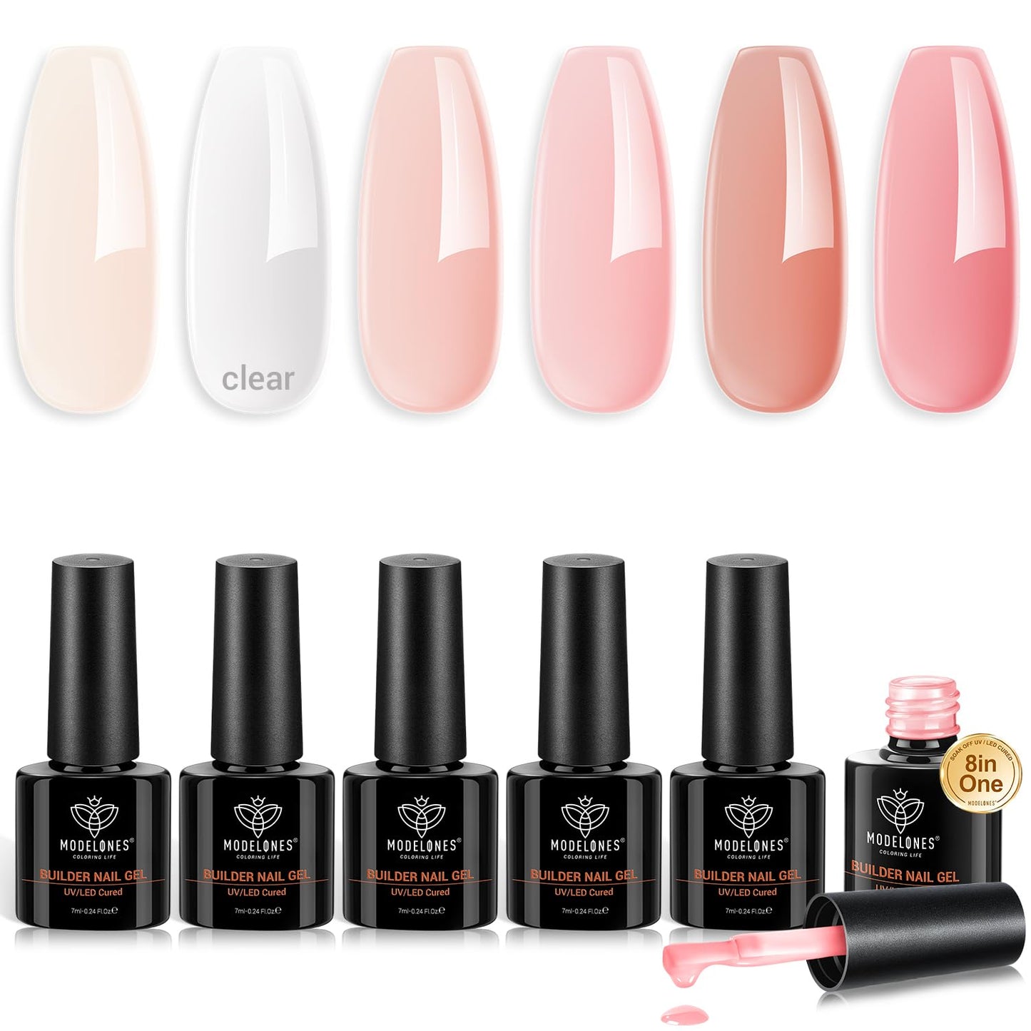 modelones Builder Gel for Nails, 6 Colors Gel Builder Nail Kit 8-in-One, Jelly Nude Sheer Pink Nail Polish Apex Building Strengthener Extension LED Nail Lamp Cured Color Base