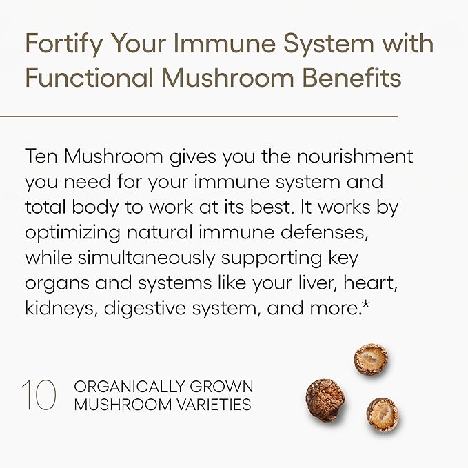 EcoNugenics Ten Mushroom Supplement: Daily Immune Support, 120 Capsules – Lion’s Mane, Reishi, Cordyceps, Turkey Tail, Maitake, Shiitake – Energy, Gut Health, Liver, Kidney & Nootropic Brain Support