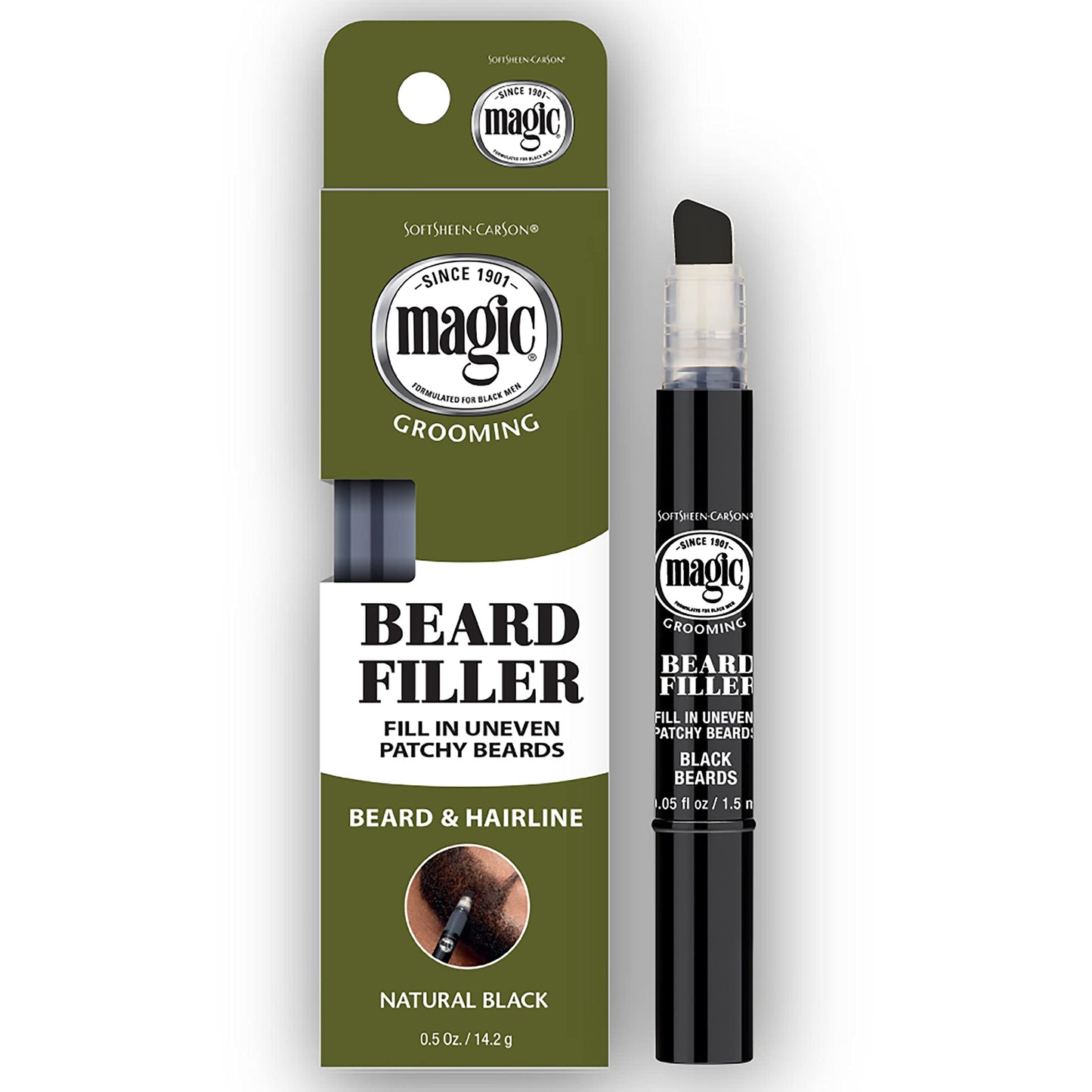 Softsheen-Carson Magic Grooming Beard Filler Pencil Brush For Men, Waterproof, Fill In Patchy Beard & Cover Greys, Natural Black