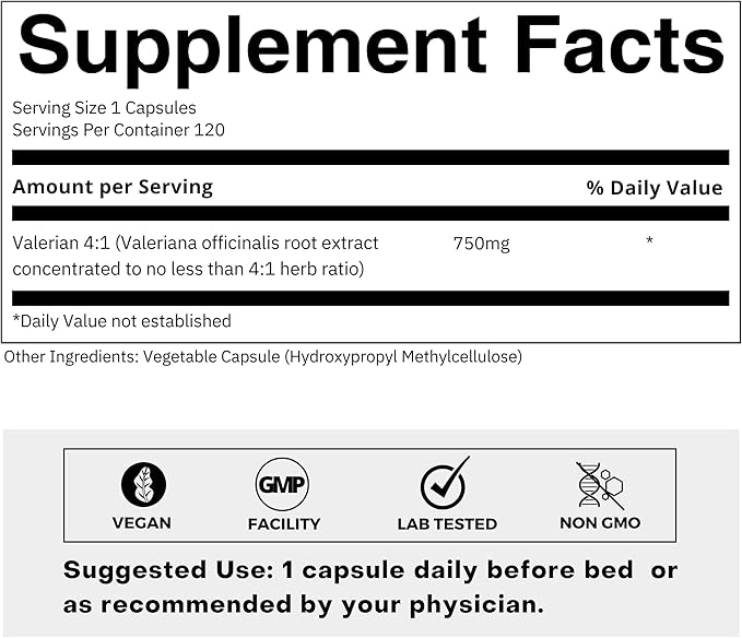 Valerian Root 4:1 Extract Capsules 750mg – Optimized Active Purity – 4X Concentration Valerian Root Extract Supplement - Gluten Free, Non-GMO - Promotes Relaxation - 120 Capsules