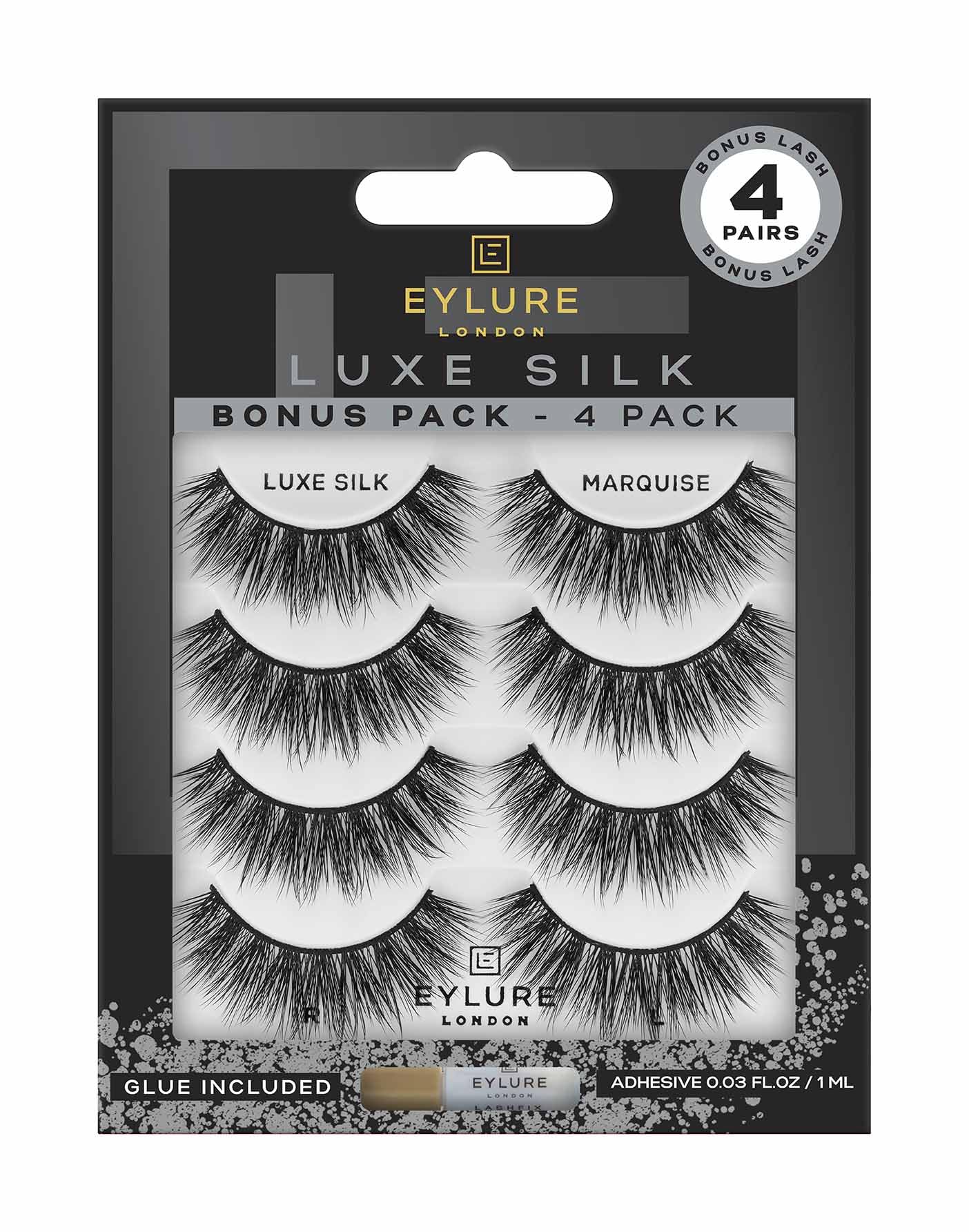 Eylure False Lashes, Luxe Silk Marquise with Adhesive Included, 3 Pair Black