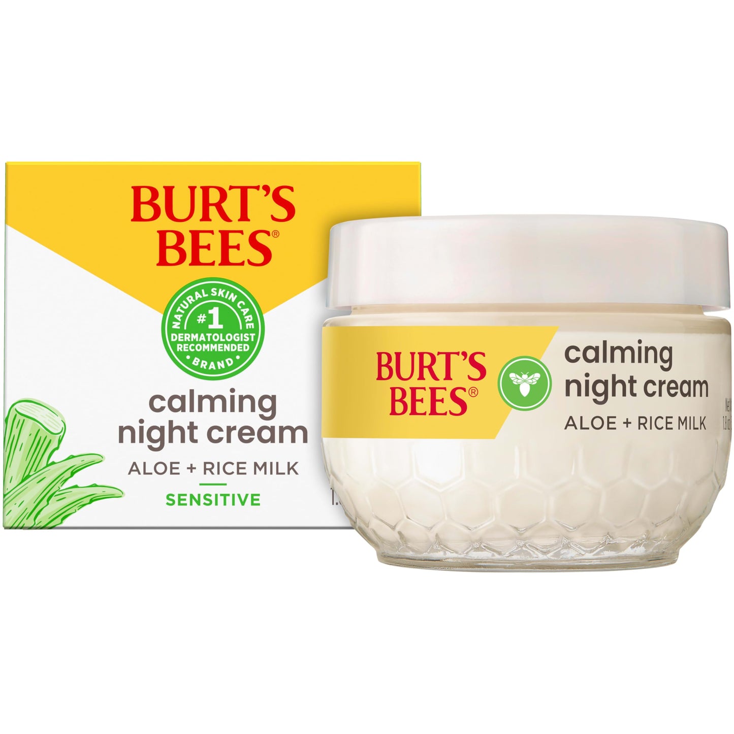 Burts Bees Gentle Night Cream Moisturizer For Face & Sensitive Skin - Made With Aloe Vera & Rice Milk To Soothe Skin, Dermatolog