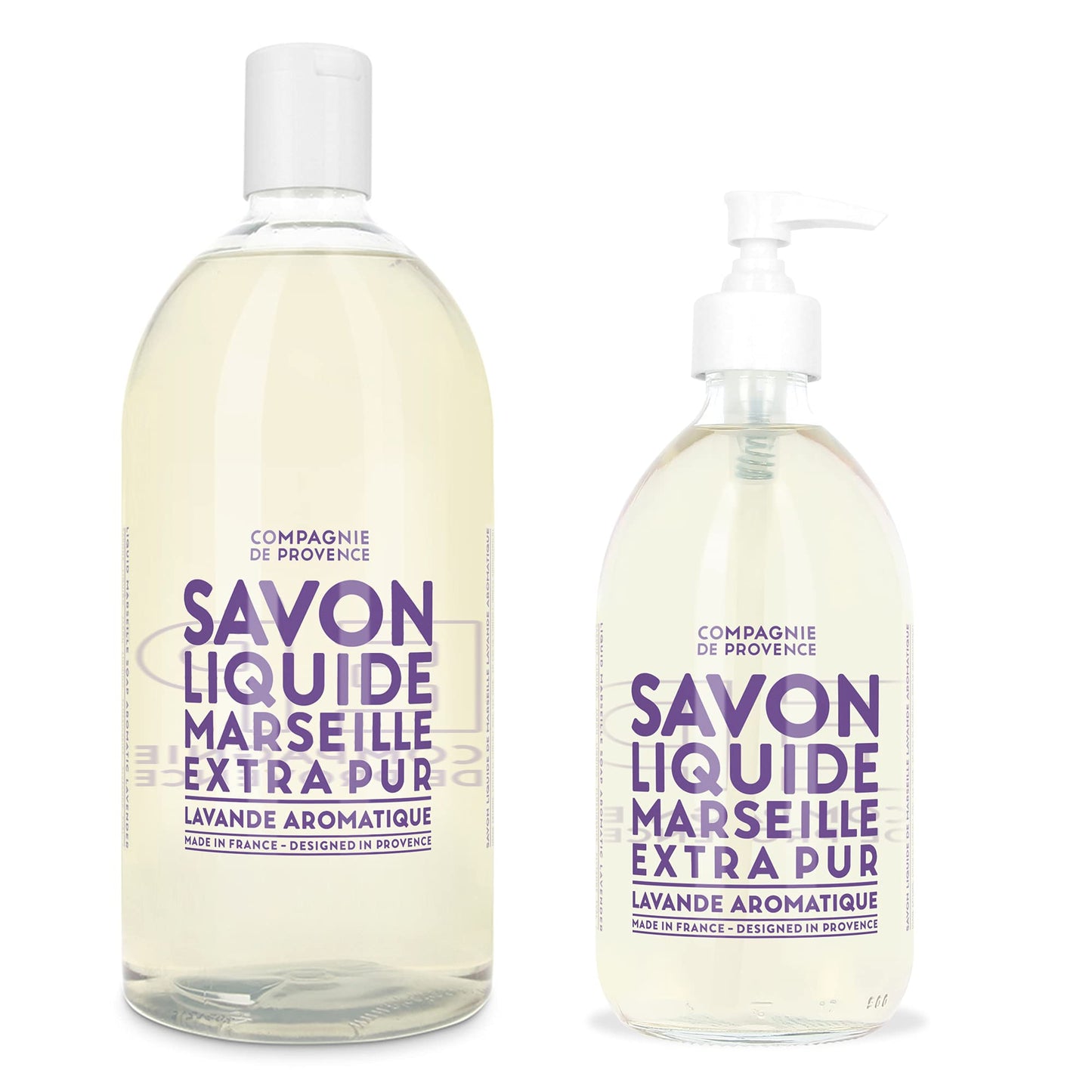 Compagnie De Provence Savon De Marseille Extra Pure Liquid Soap - Aromatic Lavender - 16.9 Fl Oz Glass Pump Bottle And 33.8 Fl O