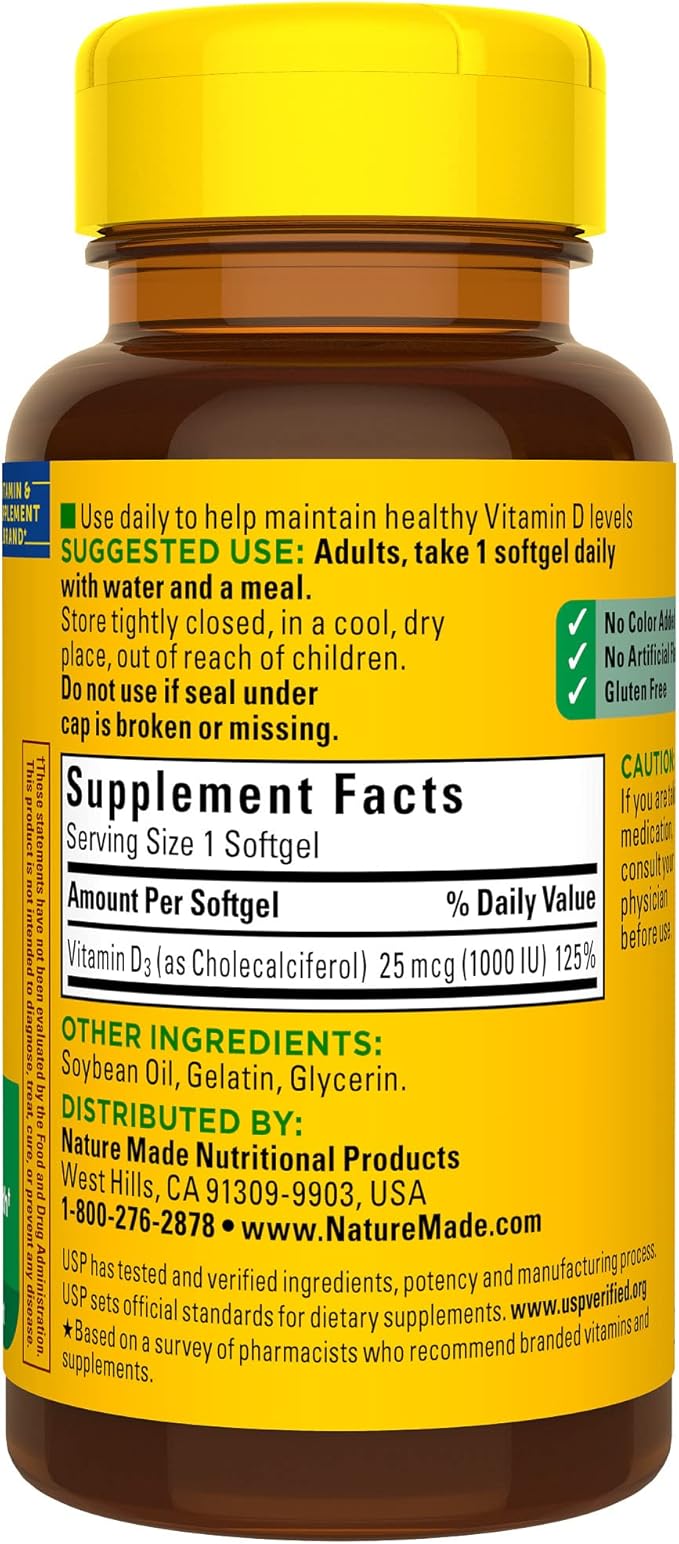 Nature Made Vitamin D3 1000 IU (25 mcg), Dietary Supplement for Bone, Teeth, Muscle and Immune Health Support, 100 Softgels, 100 Day Supply (Pack of 2)