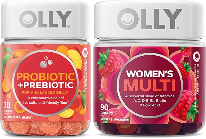 OLLY Probiotic + Prebiotic and Women’s Perfect Multi Starter Pack Bundle, Live Cultures & Friendly Fiber, Vitamins A, C, D, E, Bs, Biotin & Folic Acid, 30 and 90 Count