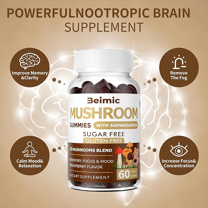 Mushroom Gummies - 10x Mushroom Supplement with Ashwagandha and Lions Mane (120 Chews) Nootropic Brain Supplement, Immune Support & Stress Relief (Pack of 2)