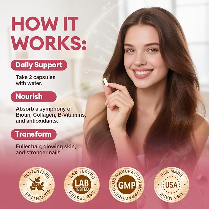 25-in-1 Formula Hair, Skin & Nails Supplement with Biotin 10,000mcg, Collagen, Vitamin B, C, D3, E, Folate, Iron for Women