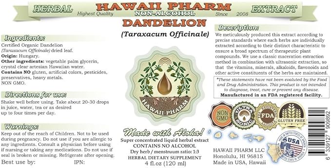 Dandelion Alcohol-Free Liquid Extract, Organic Dandelion (Taraxacum Officinale) Dried Leaf Glycerite Hawaii Pharm Natural Herbal Supplement 64 oz