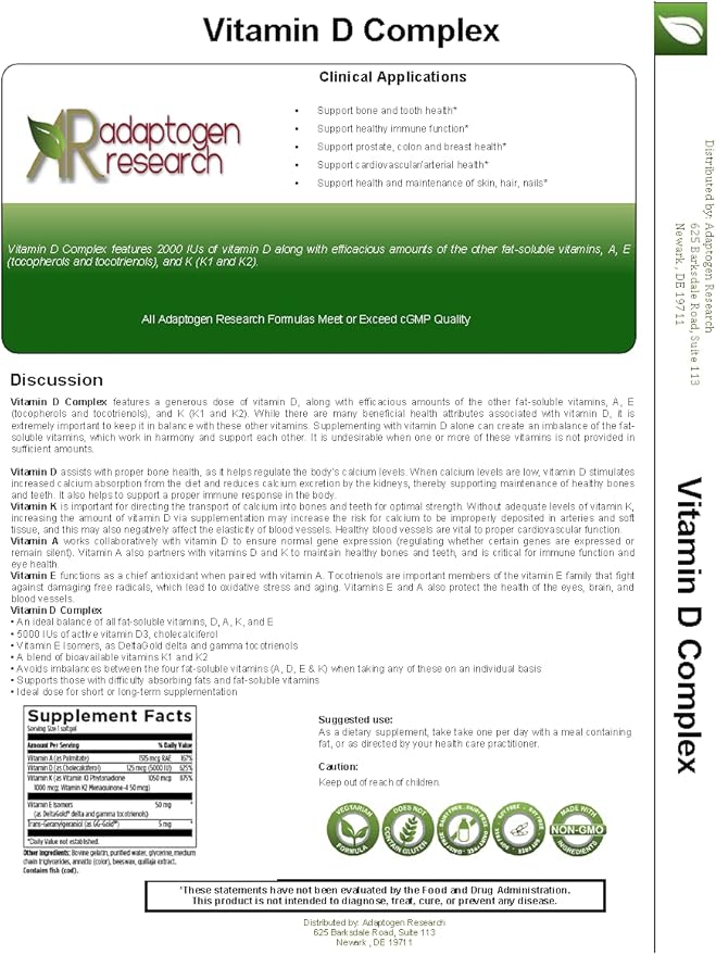 Vitamin D Complex | D3 5000IU with Vitamin A, E (tocopherols and tocotrienols), K1 + K2 | Fat Soluble Vitamins Blend | 60 Softgels