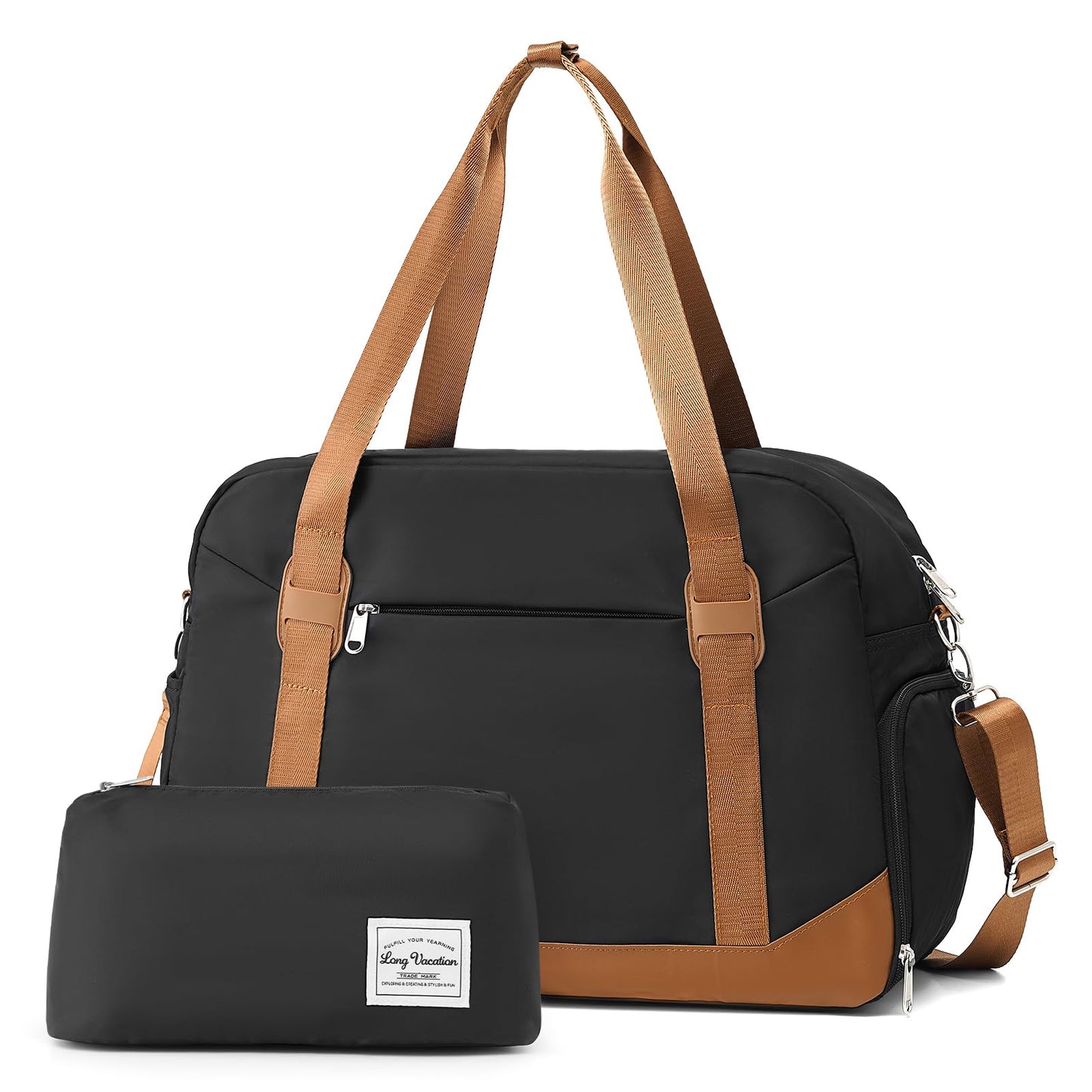 LONG VACATION Women's Travel Duffel Bag with Toiletry Bag, Sports Gym Bag Weekendeer Carry-on Tote with Shoe Compartment and Wet Pocket, Yoga Bag Fit 15.6inch Laptop (BLACK & BROWN, 18-inch)