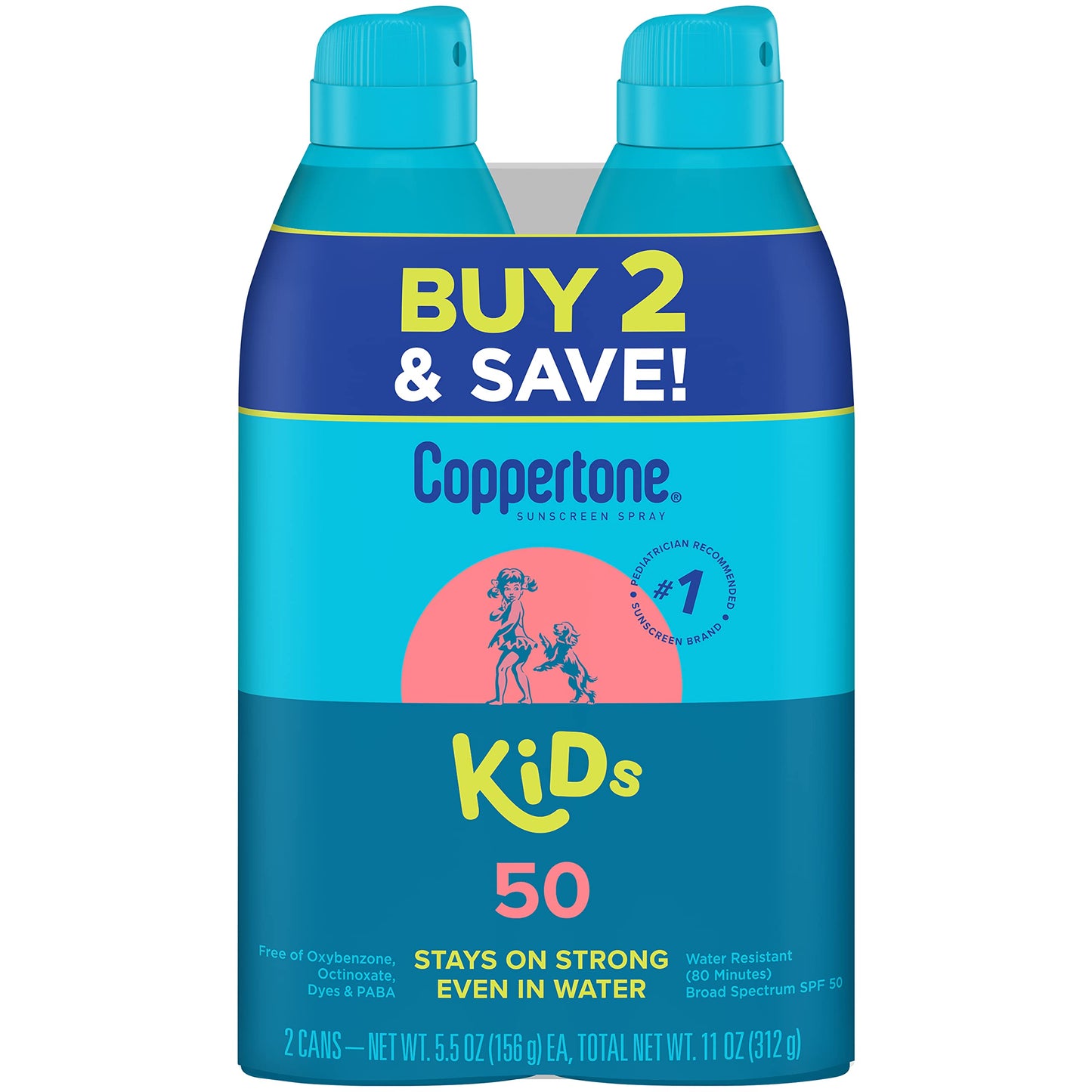 Coppertone Sunscreen Spray Spf 50, Broad Spectrum, Water Resistant For Kids, #1 Pediatrician Recommended Brand, 5.5 Ounce (Pack