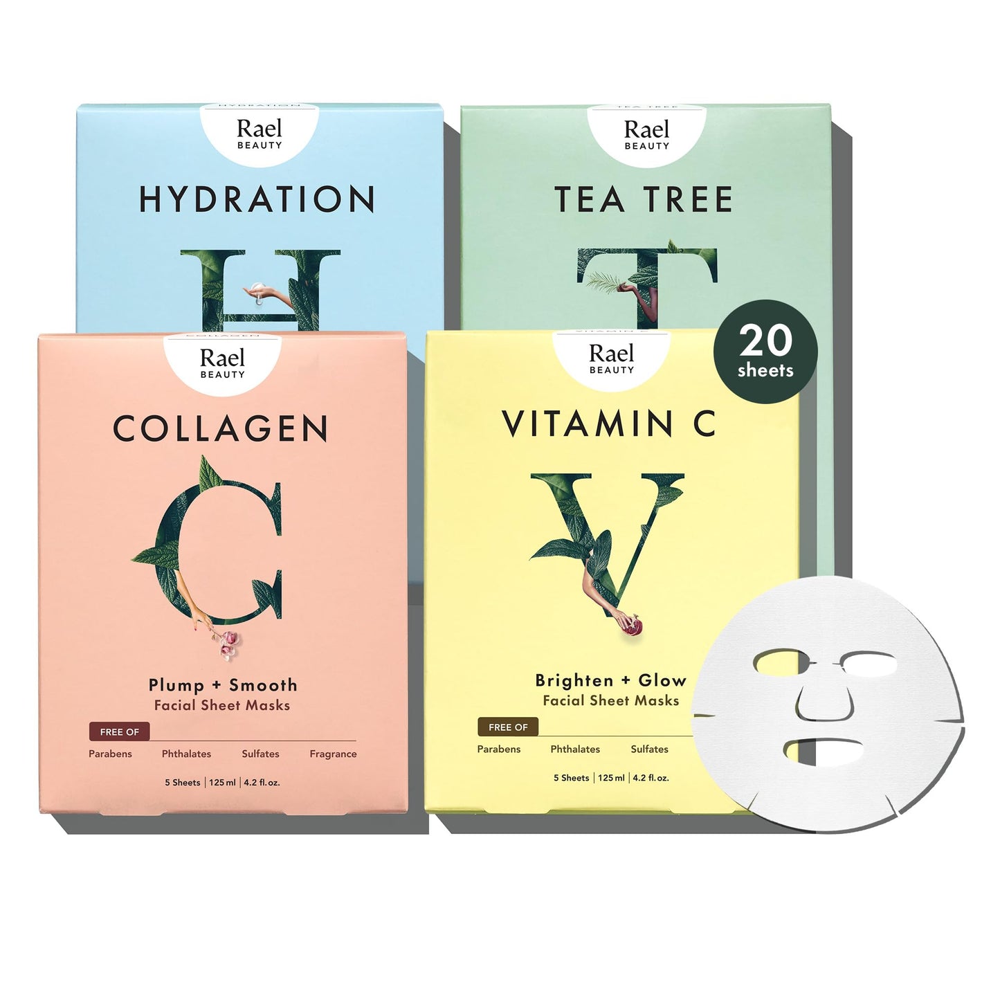 Rael Face Mask Skin Care, Bamboo Facial Mask Sheet Set - Variety Pack, Korean Skincare, All Skin Types, Gift Set (5 Hydration, 5