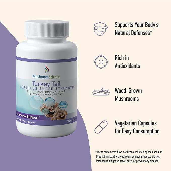 Turkey Tail Mushroom Capsules, Coriolus Super Strength, Natural Mushroom Supplement for Adults, Health Support, Hot Water Extracted Mushrooms, Vegetarian, 500MG, 90 CT