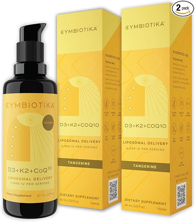 CYMBIOTIKA Vitamin D3 + K2 + CoQ10 Liquid, Vitamin D Supplement for Immune Support, Heart Health & Bone Health, Energy Booster, Liposomal Delivery, Vegan, Tangerine Flavor, 2pck (4.0 fl oz.)