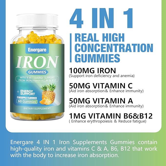 1 Pack Vegan 100Mg Iron Supplement Gummies for Women & Men - Vitamin A, C, B - Energy Support for Iron Deficiency, Anemia, Adults &Children, Pineapple Flavor Gummy, 60 Counts